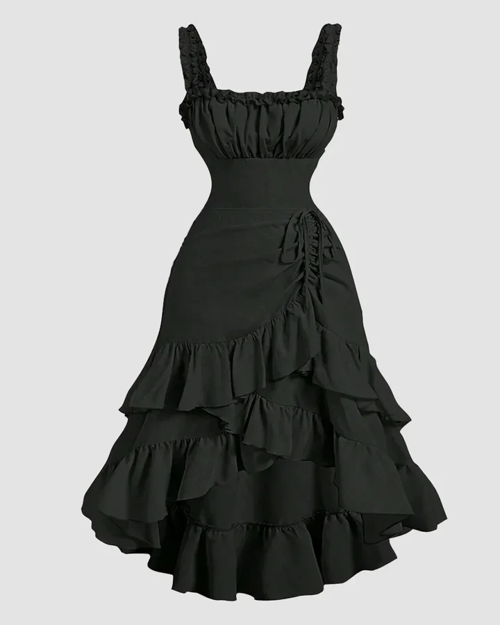 Cherry Ruched Square Neck Ruffle High-Low Midi Dress with Ruffle Hem - Image 4