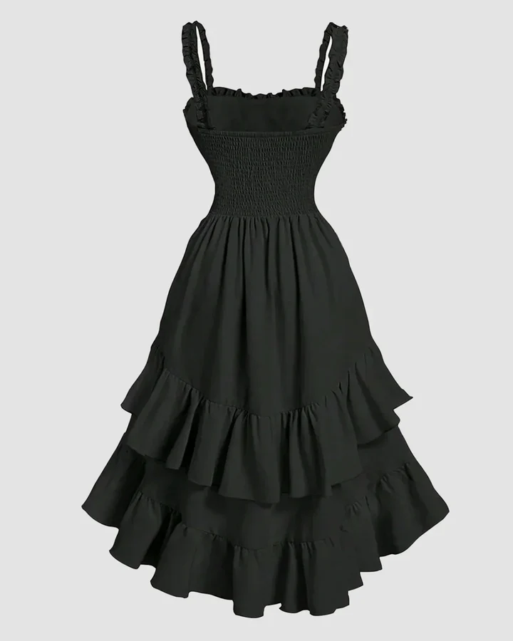 Cherry Ruched Square Neck Ruffle High-Low Midi Dress with Ruffle Hem - Image 5