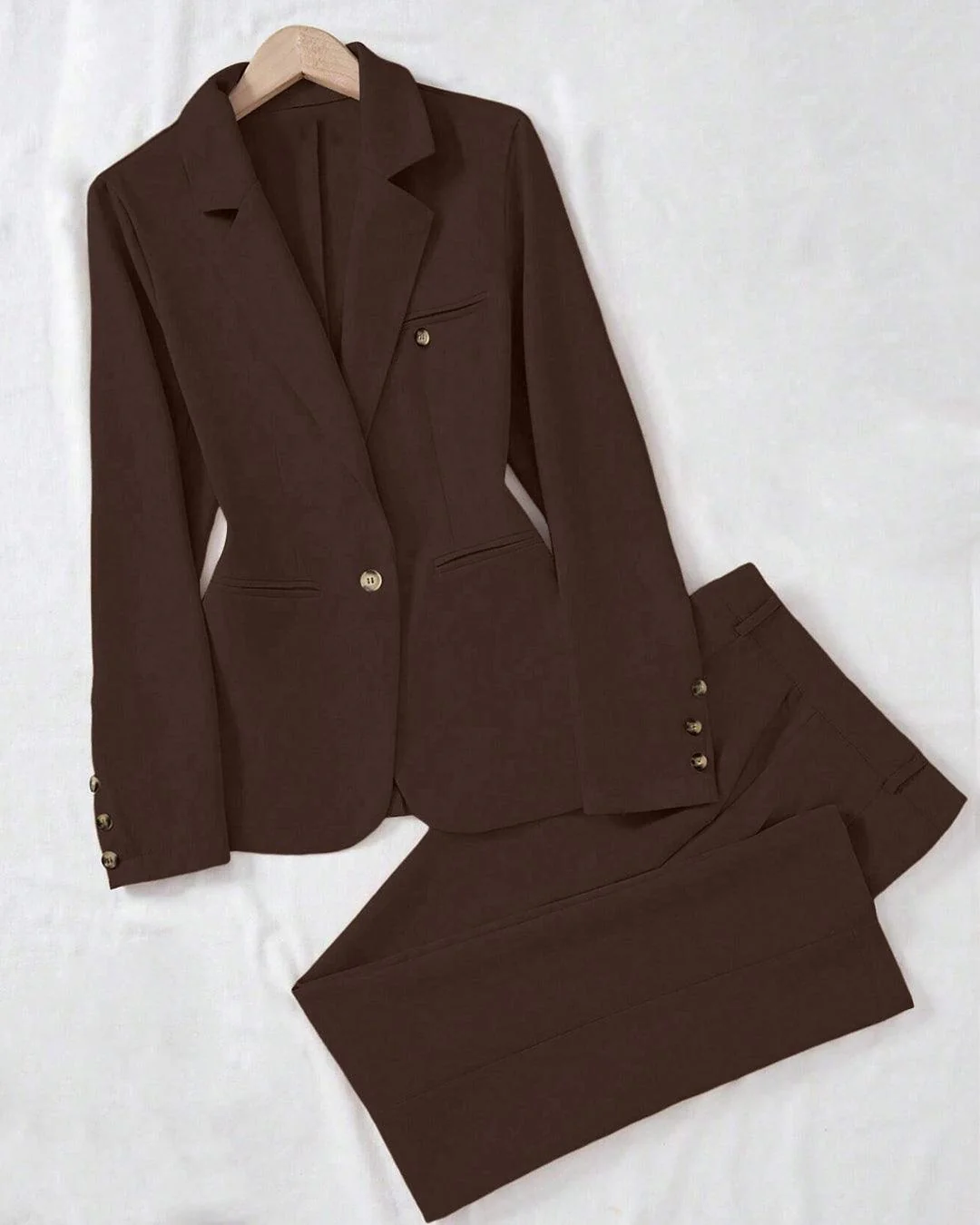 Minimalist Solid Color Notched Collar Single Button Business Suit Jacket & Pant Set - Image 2