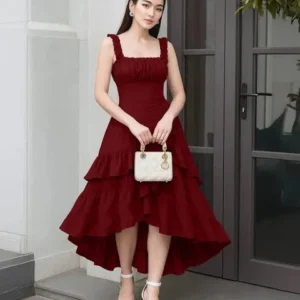 Cherry Ruched Square Neck Ruffle High-Low Midi Dress with Ruffle Hem